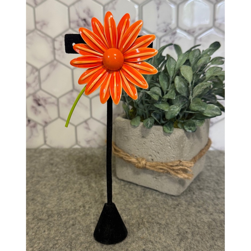 Vintage 1960s Orange‎ Enamel Daisy Flower Brooch Pin Mod Retro Flower Power 4in